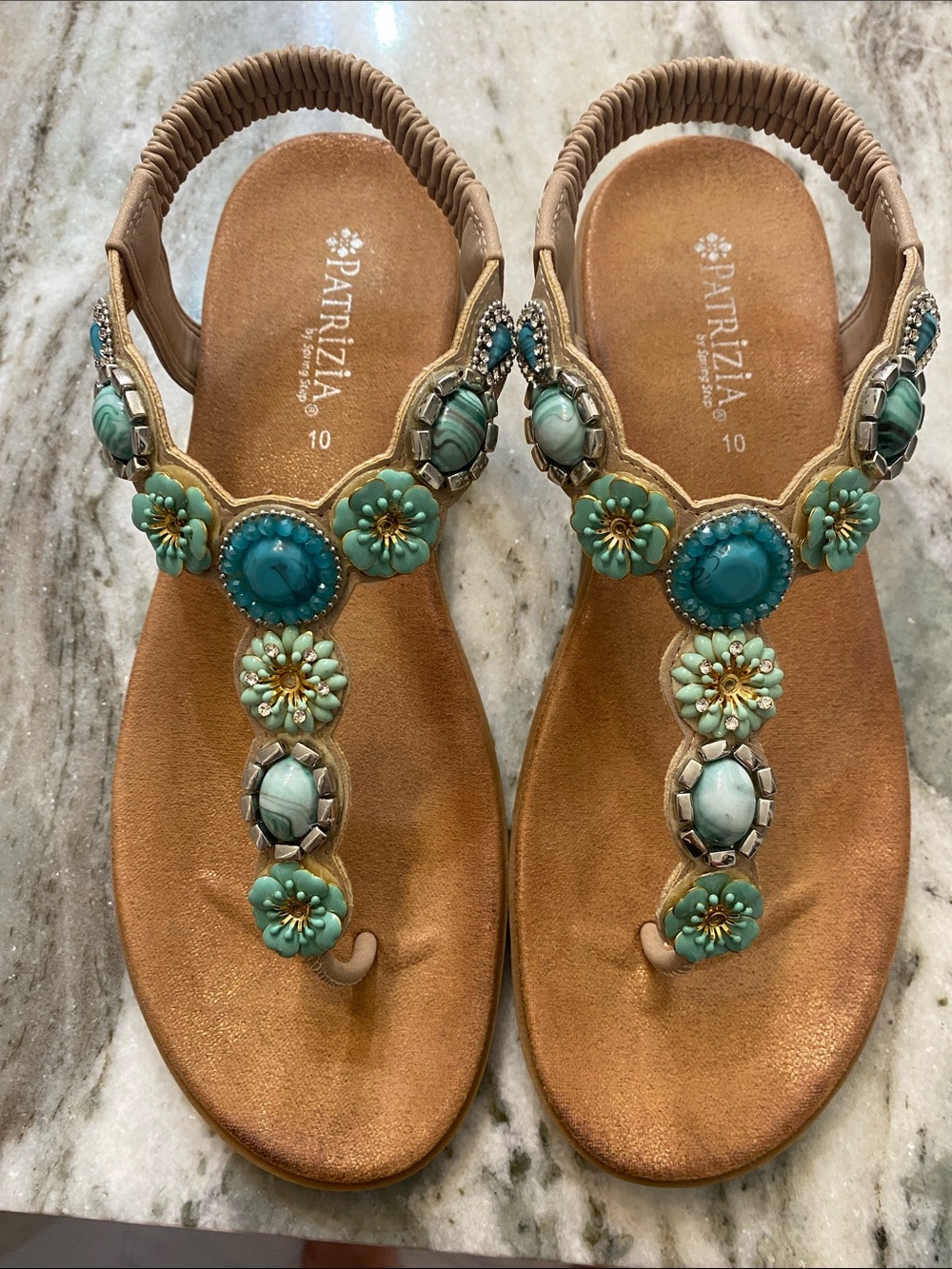 Patrizia Tan Sandals with Turquoise Floral Gems